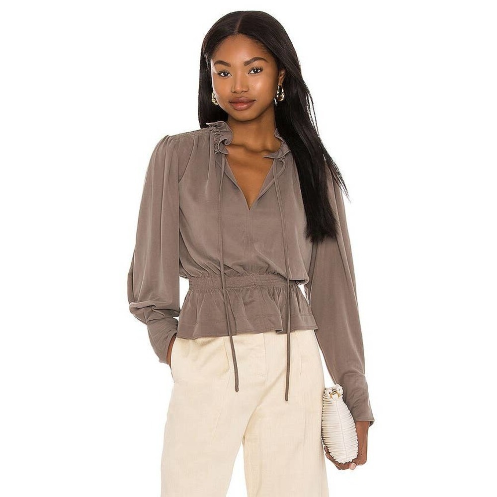 Rebecca Taylor Slit Neck Blouse in Taupe Size XL